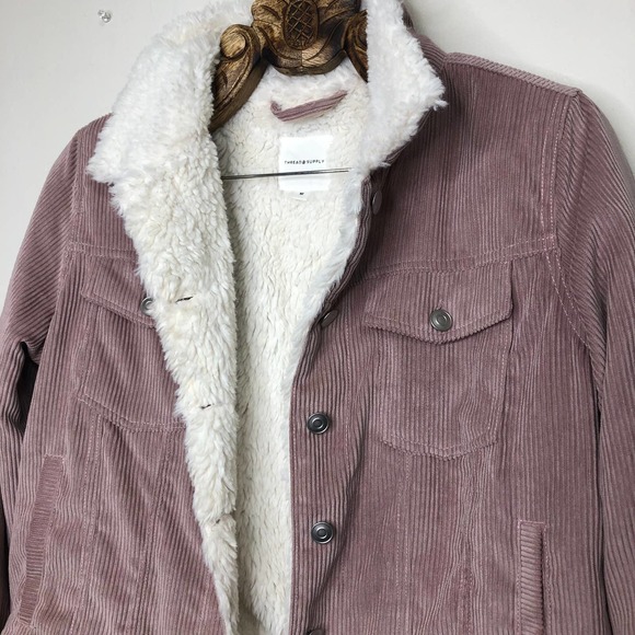 Thread and Supply Sherpa Lined Corduroy Jacket Dusty Rose Mauve Button Front M - Picture 4 of 8